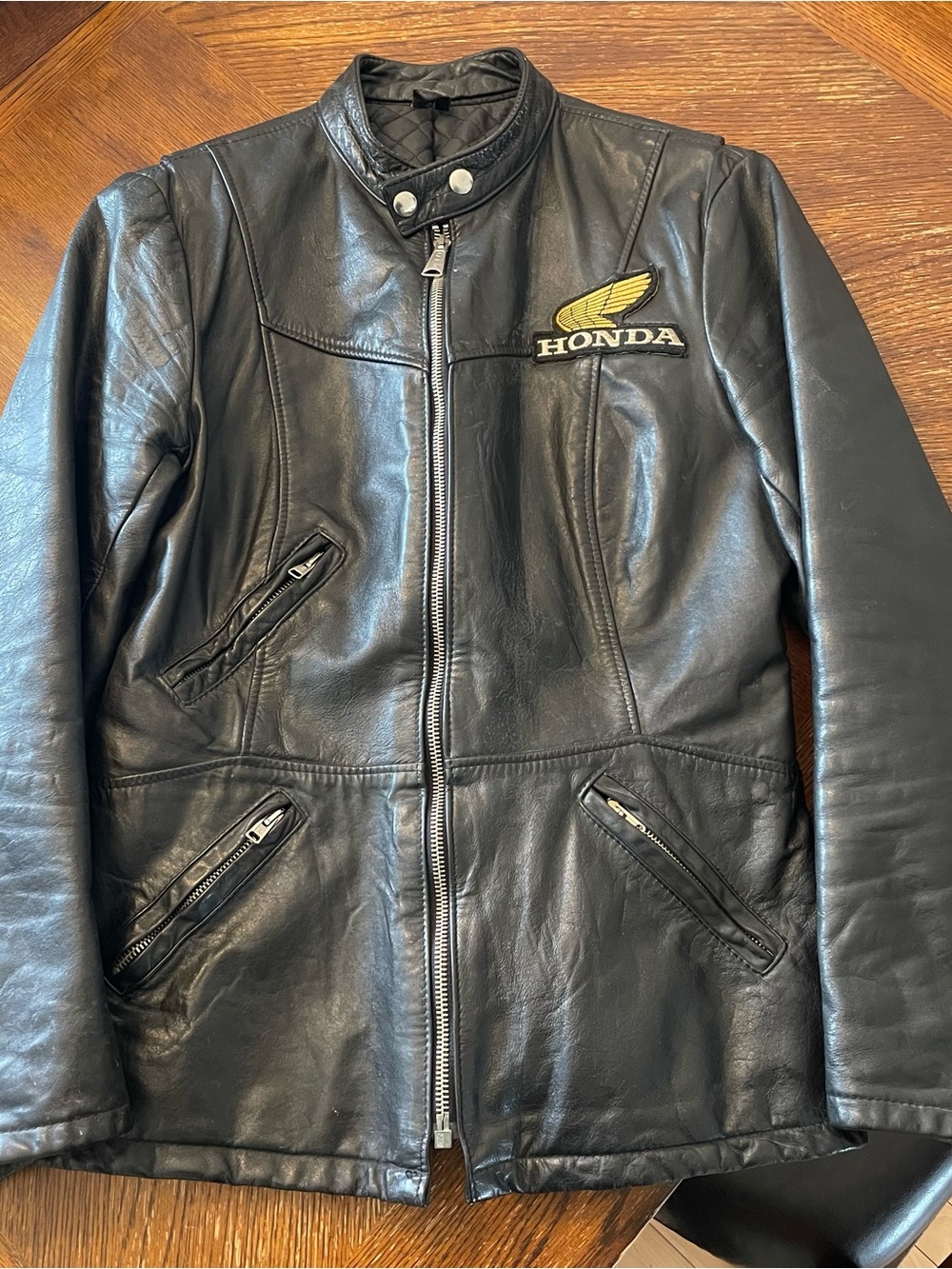 Vintage Honda Black Leather Biker Jacket with Gold Wing Patch ladies 14 (sm-med)